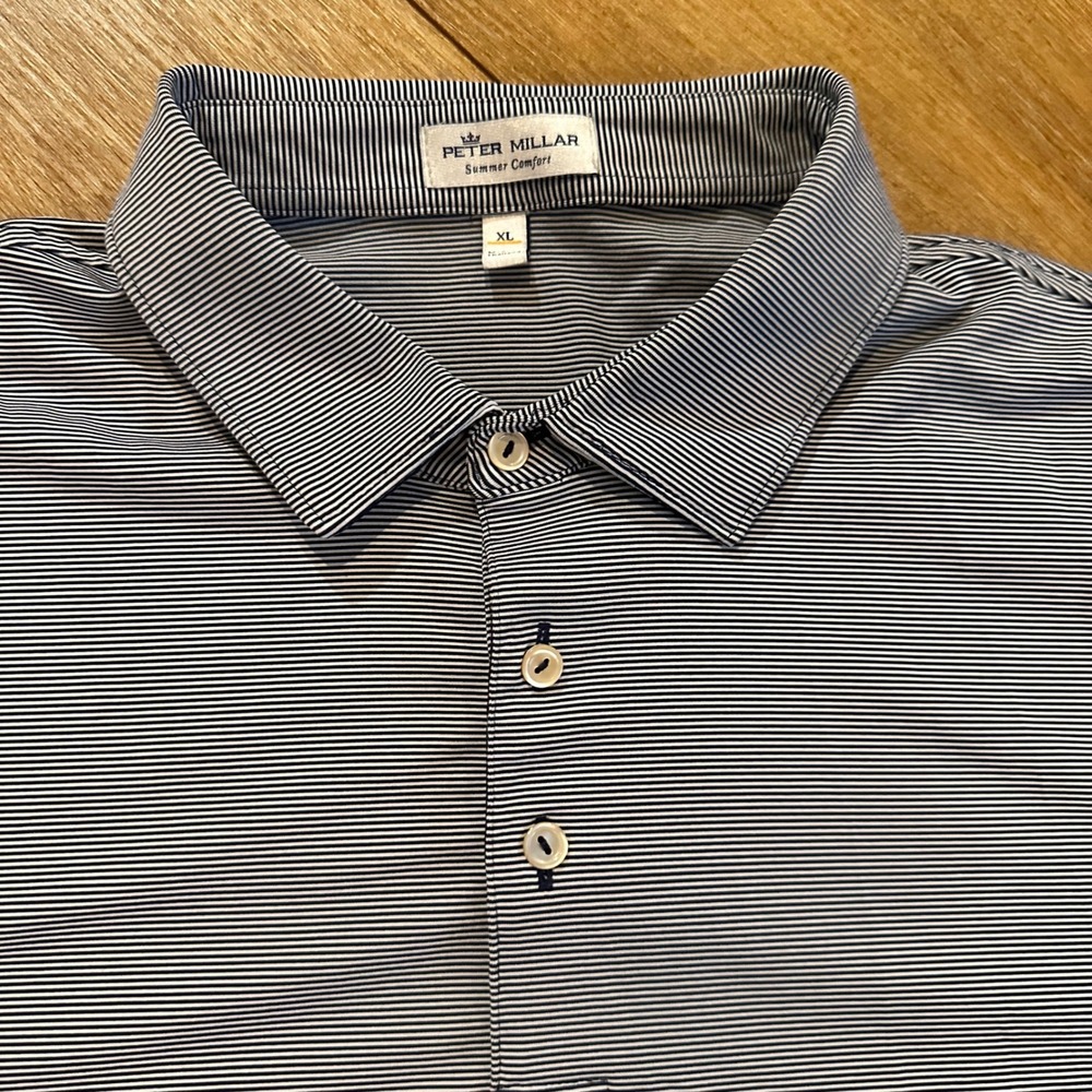 Peter Millar Summer Comfort Polo Shirt Mens XL Navy White Micro Stripe Golf Tech